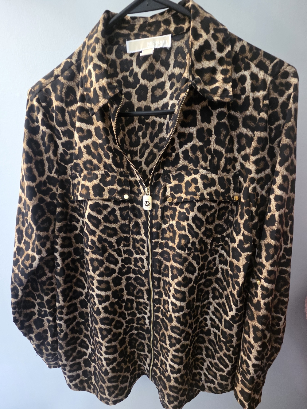 MICHAEL Michael Kors Leopard-Print Zip Front Blouse in Brown and Black